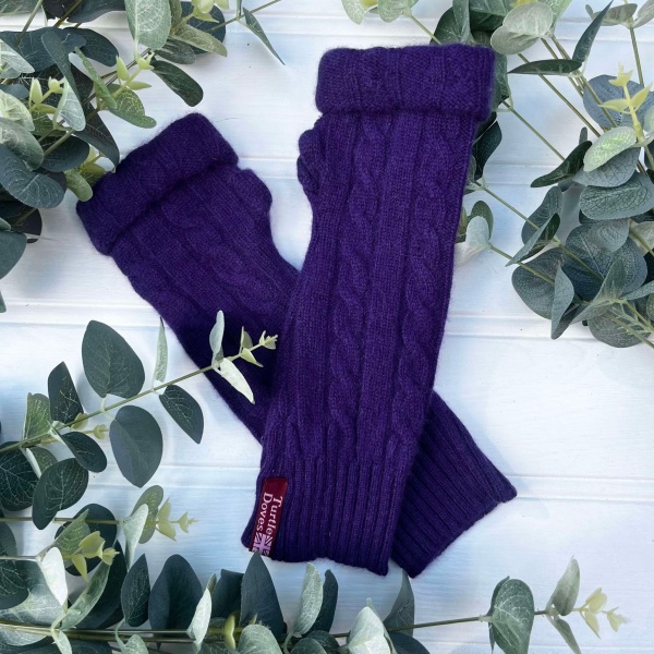 Cashmere Fingerless Gloves - Purple Cable Knit